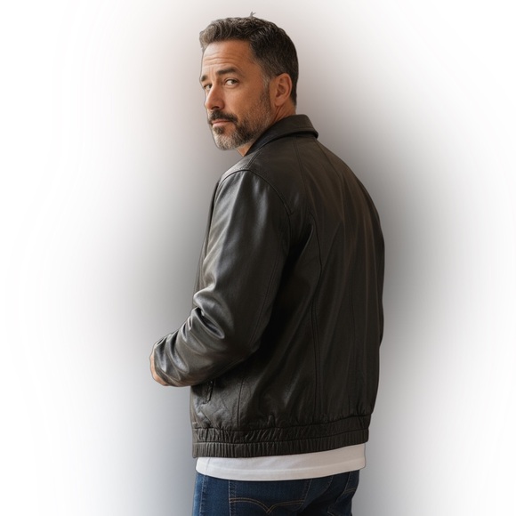 Greg Bell Men's Size M Soft Genuine Leather Black Bomber Jacket - Picture 2 of 15